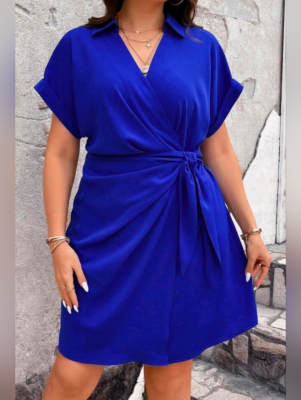 New Chic Wrap Tie Short Shirt Dress PLUS Royal Blue